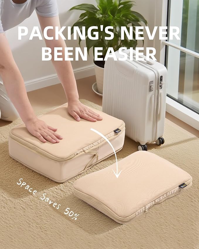 6 Set Compression Packing Cubes for Travel, Large Medium Small Luggage Organizers (Mist Khaki)