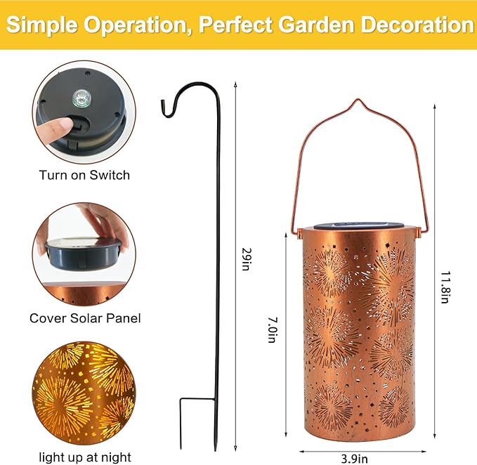 4 Pack Fireworks Birthday Gifts for Women Mom Grandma Solar Lanterns Outdoor Waterproof Garden Decor Metal Hanging LED Decorative Light for Patio Yard Lawn Backyard Front Porch Gardening Gifts