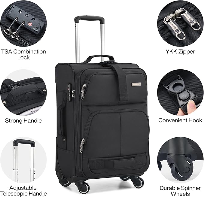 Hanke 20 Inch Softside Expandable Carry On Luggage with Spinner Wheels, Rolling Suitcase Travel Luggage with TSA Approved Luggage,Black