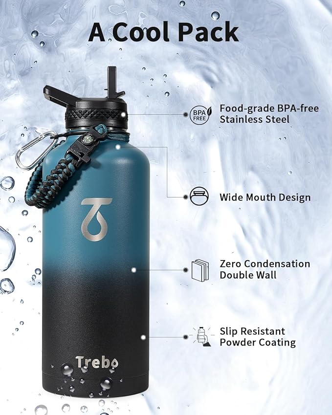Trebo Water Bottle Insulation 87 oz, Vacuum Stainless Steel Water Jug (Keep Cold for 48 Hrs), LeakProof & Non-BPA, Water Flask with Paracord Handle & Straw Spout Lids, Indigo/Black
