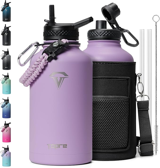 64 oz Insulated Water Bottle,Half Gallon Water Flask Stainless Steel Vacuum, Cold for 48 Hrs,BPA-Free & Leakproof -with Paracord Handle, Strap,Straw Spout Lids,Large Jug for Gym,Purple