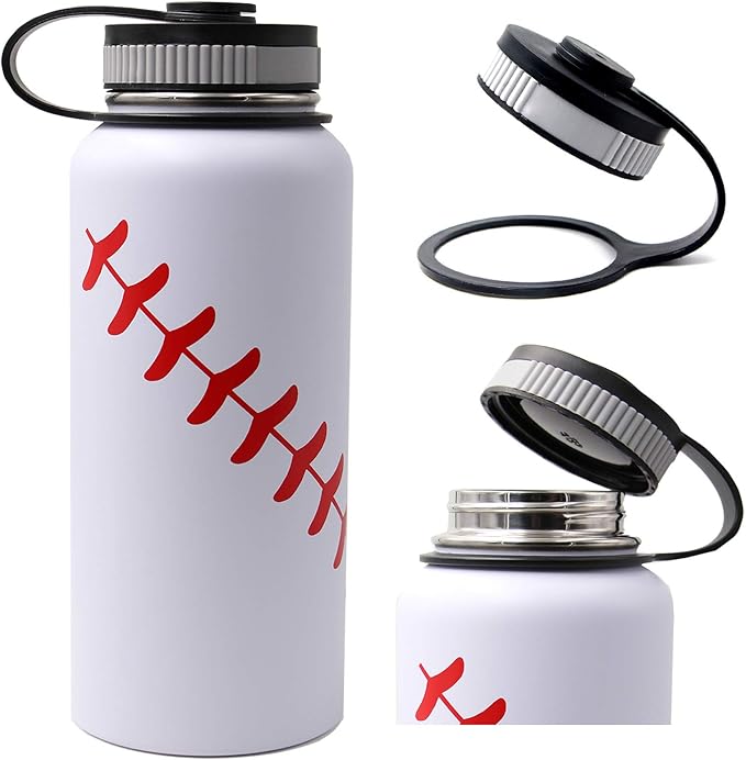 32 oz Baseball Water Bottle, Wide Mouth Sports Cup Flask Metal Travel Mug with 2 Lids, Stainless Steel Double Wall Vacuum Insulated Water Bottles, Baseball Accessories Gifts for Mom Men Fan Boys Girls
