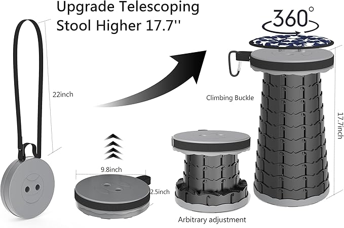 ALEVMOOM Telescoping Stool with Cushion, Portable Telescoping More Sturdy Capacity 440Ib,Collapsible Retractable Adjustable Folding Stool for Garden Hiking Fishing BBQ