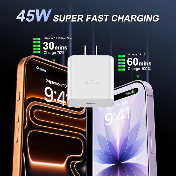 iPhone 17 16 Pro Max Charger Fast Charging, 45W USB C iPhone 17/16 Super Fast Charger Block with 10ft Long Type C Charging Cable Cord for iPhone 17 Pro Max/17 Pro/Air/17/16/16Pro/16ProMax/Plus/15/S25