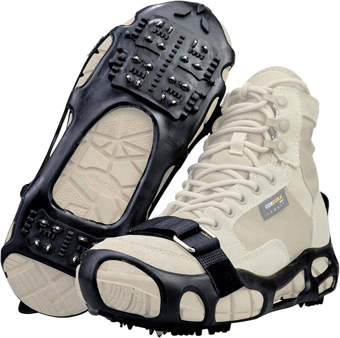 Ice Cleats Traction Crampons for Shoes and Boots - Anti-Slip Walking on Snow and Ice - Overshoe Rubber Grippers With 24 Studs - Slip-on Stretch Footwear for Men and Women