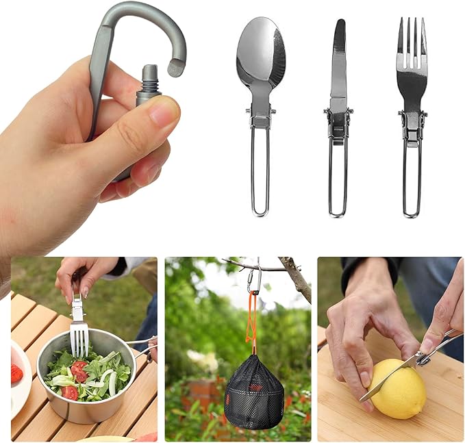 15pcs Camping Cookware, 1.7L Pot, 7inches Pan, 0.8L Kettle Set with Plates Stainless Steel Forks Knives Spoons Camping Cookware Mess Kit for Hiking,Camping,Backpacking,Outdoor Cooking