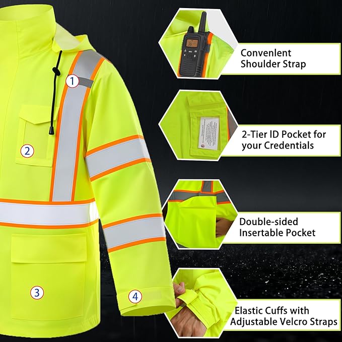 High Vis Reflective Safety Rain Jacket for Men, Class 3 Hi Vis Rain Gear for Construction Workers (Yellow,L/XL)