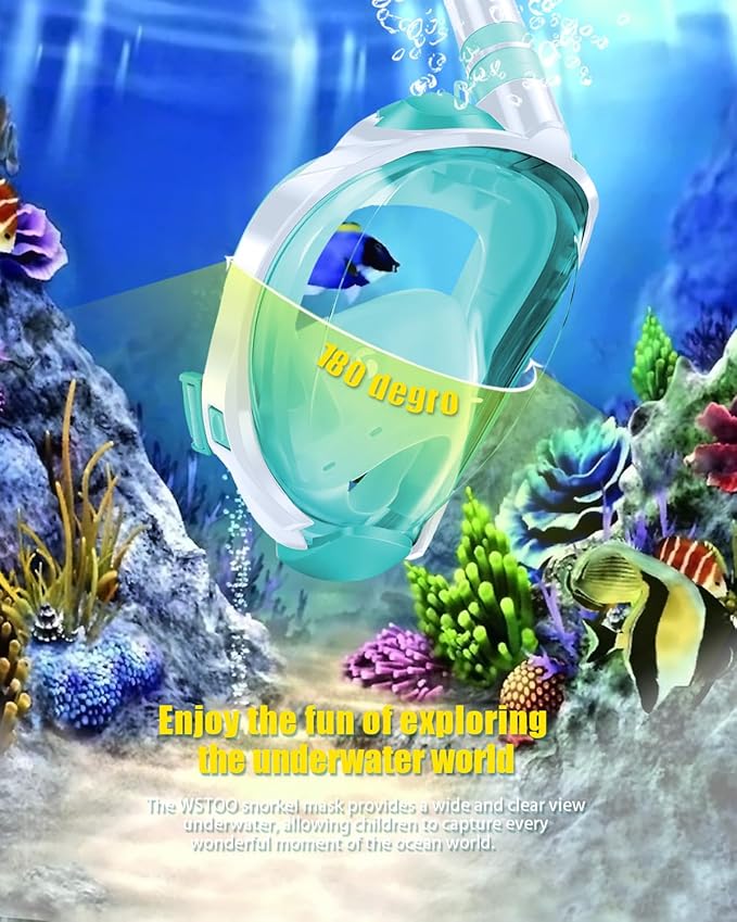 W WSTOO Kids Full Face Snorkel Masks,Suitable for Beginners Dry Top Snorkeling Gear,Can Your Mouth or Nose to Breathe,180 Degrees Panoramic View,Anti-Fog Anti-Leak,Summer Travel and Vacationing Gifts