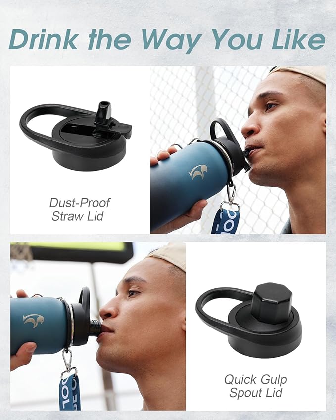 Coolflask Insulated Water Bottle with Strap, 32 oz Metal Water Flask with Straw & Spout Lids, Stainless Steel Double Wall Vacuum, Keep Cold 48h Hot 24h, Leak Proof & Non-BPA, Prussian Blue