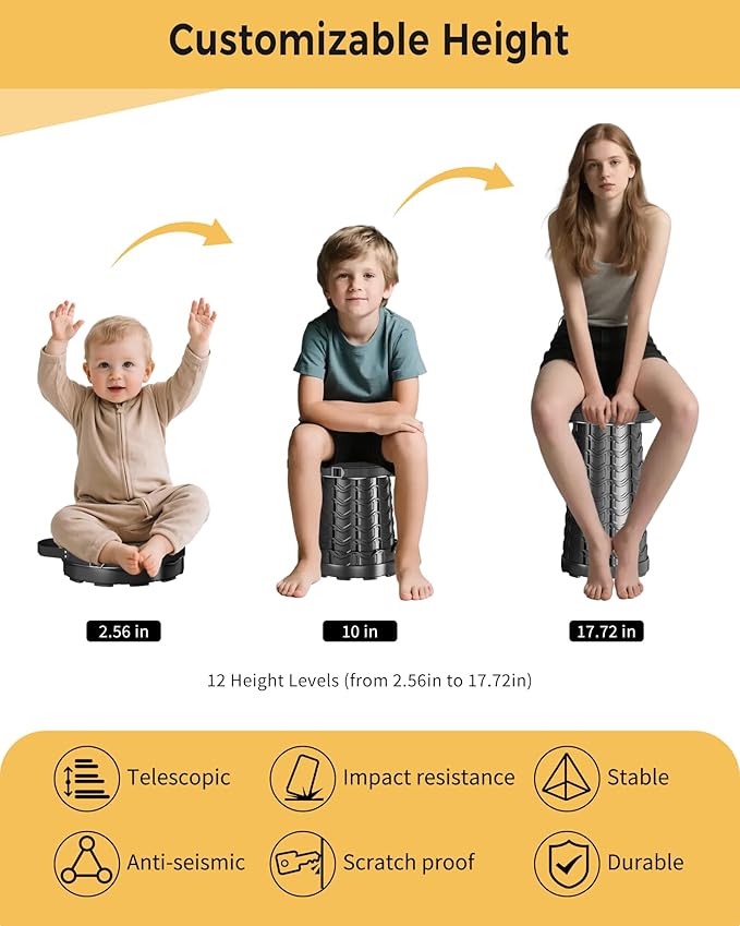 Upgraded Collapsible Stool with Detachable Cushion & Waterproof Bag - 400lbs Heavy Duty Portable Folding Stool for Adults, Telescoping Camping Seat with Carrying Straps for Fishing Hiking Travel BBQ