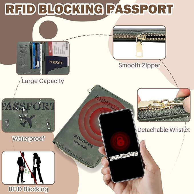 RFID Blocking Passport Wallet, Anti Theft PU Leather Passport Pouch with Tracker Case, Travel Document Organizer Zipper Wallet with Wrist Strap, Gifts for Women and Men (Blue)