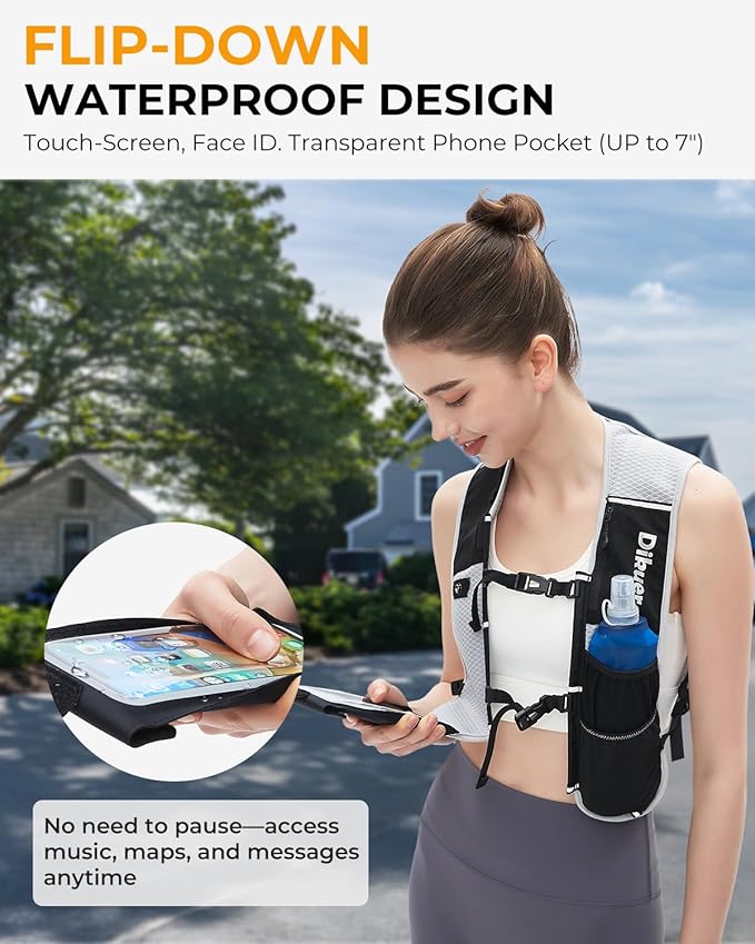 Running Vest for Women Men, Lightweight Hydration Runner Vest with Transparent Waterproof Phone Pocket, 17oz Soft Flask, Adjustable Chest Straps Reflective Backpack for Hiking Cycling Jogging