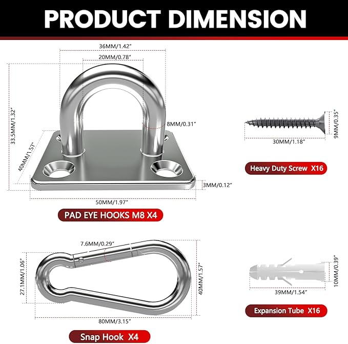 sprookber 304 Stainless Steel Pad Eye Snap Hooks, M8 Heavy Duty Ceiling Hooks, 1200 lb Capacity Hammock Swing Hanging kit, Plant Hangers, Marine Hardware Staple Hook Loop with Screws, Set of 8