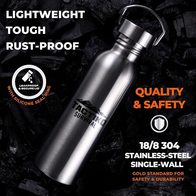 Tactiko Survival Stainless Steel Wide Mouth Water Bottle, Single Wall Boil-Safe, Leakproof, BPA-Free with Carry Sleeve and Strap for Camping, Hiking, Outdoor Prep (Black, 25 oz / 750 ml)