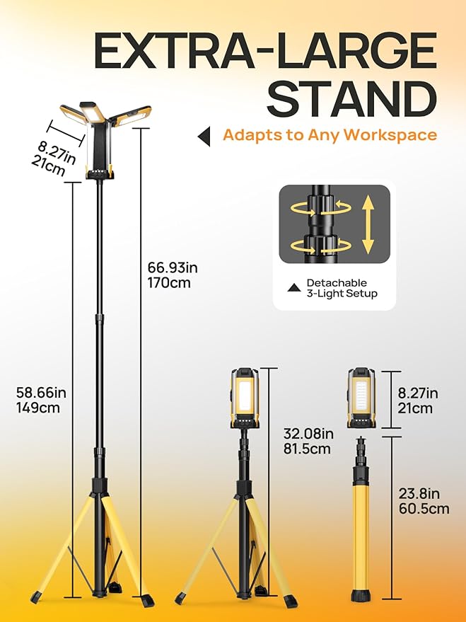 10000mAh Rechargeable Camping Light with Stand 5.6 ft Max Height, Individual Lamp Bracket, with 2 Detachable Lamp Panels, Cordless Led Work Light, Camping Garage Workshop Car Repair