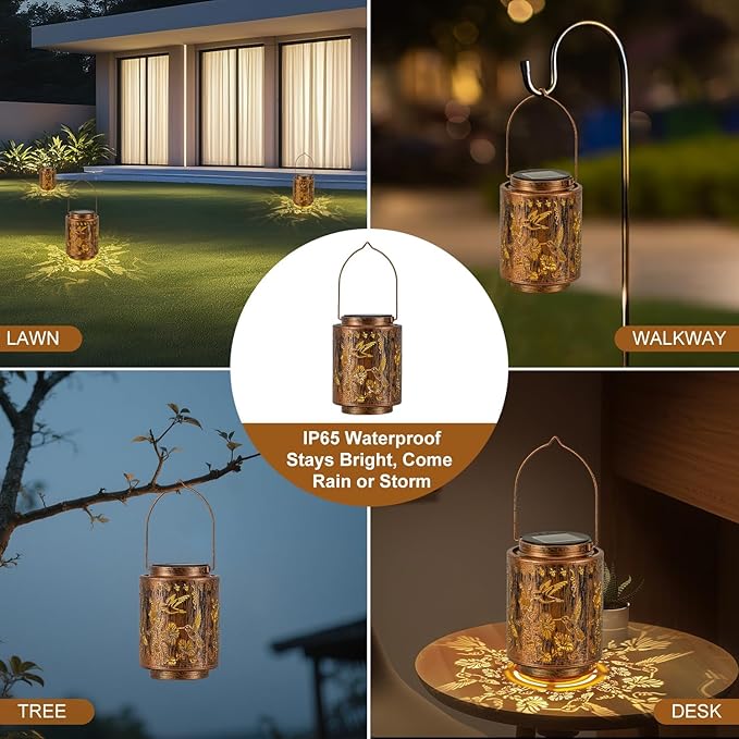 Outdoor Solar Lantern Waterproof Decorative Hummingbird and Trumpet Flower Lights with Metal Construction Warm White Glow Gifts for Mom Grandma Patio Garden Décor