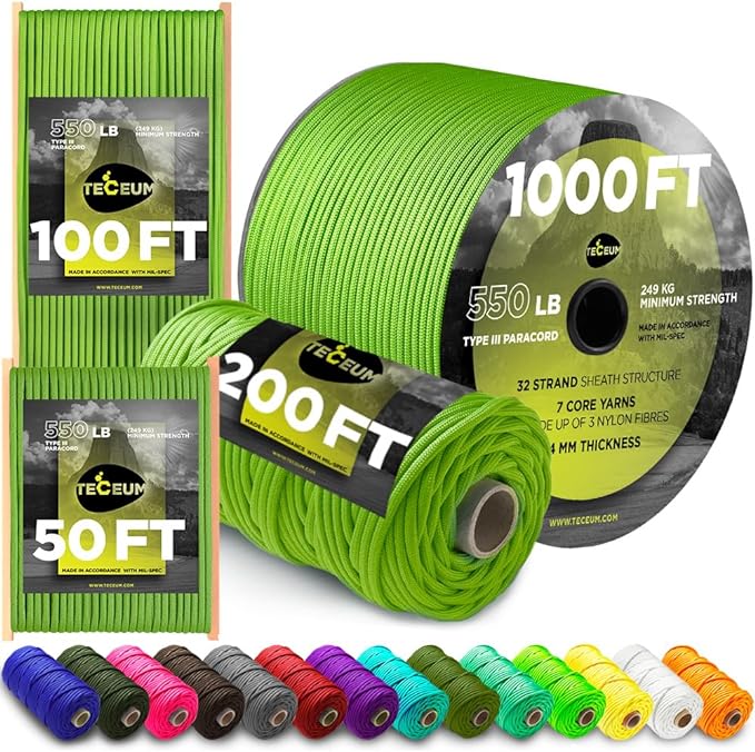 TECEUM 5/32" Paracord Rope 1000 – 1000ft / 200ft / 100ft / 50ft – Tactical Parachute Cord 4mm – 45+ Colors – Nylon String for Survival & Camping Gear – Stripe Cord for Survival – Utility Rope