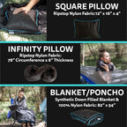 Ripstop Outdoor Camping Pillow and Blanket 3-in-1, Versatile Lightweight Nylon Waterproof Stadium Blanket, Ultralight Backpacking Essentials, Travel Blanket and Pillow Set - Black/Turquoise