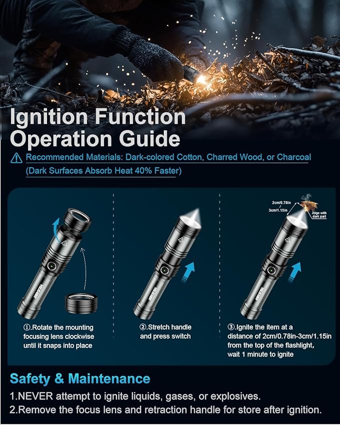 Flashlight Rechargeable 1500 High Lumens with Ignition Lens, LED Super Bright Zoomable Flash Light, 5 Modes Waterproof Handheld Powerful Tactical Flashlights for Emergency Camping Essentials