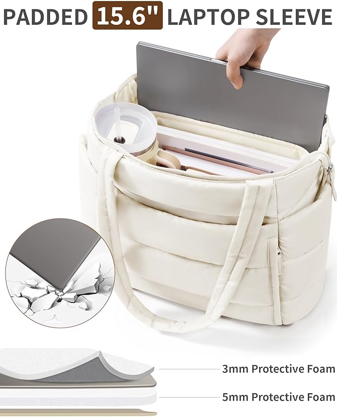 Puffer Tote Bag for Women, Lightweight Puffy Work Handbag Teacher Nurse Quilted Shoulder Bag for School Travel Gym