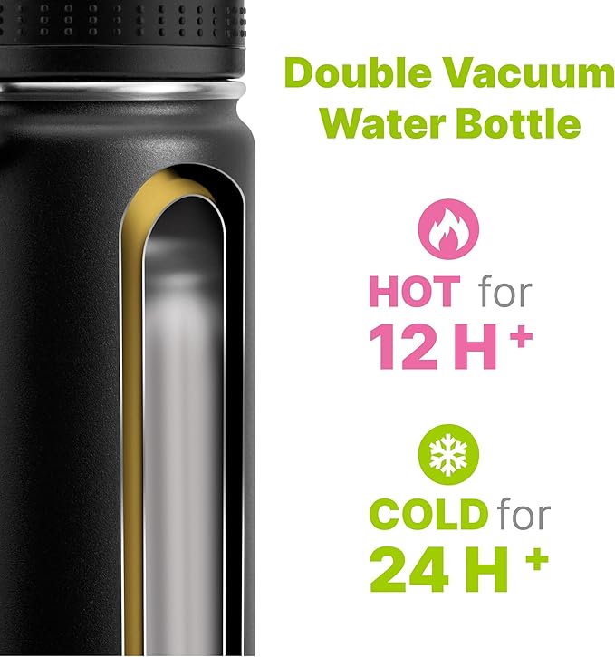 Insulated Water Bottle-22 oz Stainless Steel Double Wall Vacuum Wide Mouth Sports Water Bottle with Spout Lid-Metal Leak Proof Water Flask for Travel (Black)