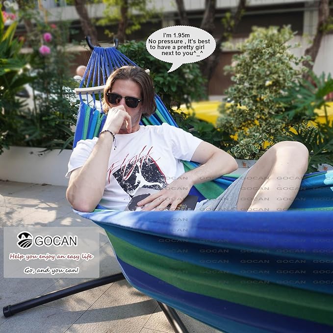 Double Hammock 2 Person Large 220x160cm with Steel Stand and Removable Spreader bar Load 500lb, Canvas Cotton Hammocks for Patio Porch Garden Backyard Outdoor and Indoor, Blue