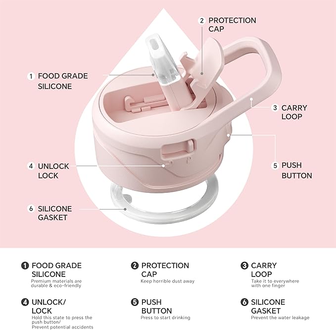 IDEUS Insulated Stainless Steel Water Bottle with 2 Leak-Proof Lids, Thermal Water Flask for Hiking Biking, 18oz, Light Pink