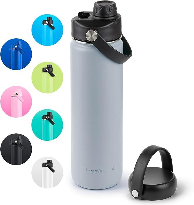 ThermoProof Double-Walled Vacuum Insulated Stainless Steel Water Bottle - Wide Mouth with Chug & Spout Lids, Dishwasher Safe, Reusable, Leakproof, Hot & Cold for Men, Women & Kids - 22oz, Cool Gray