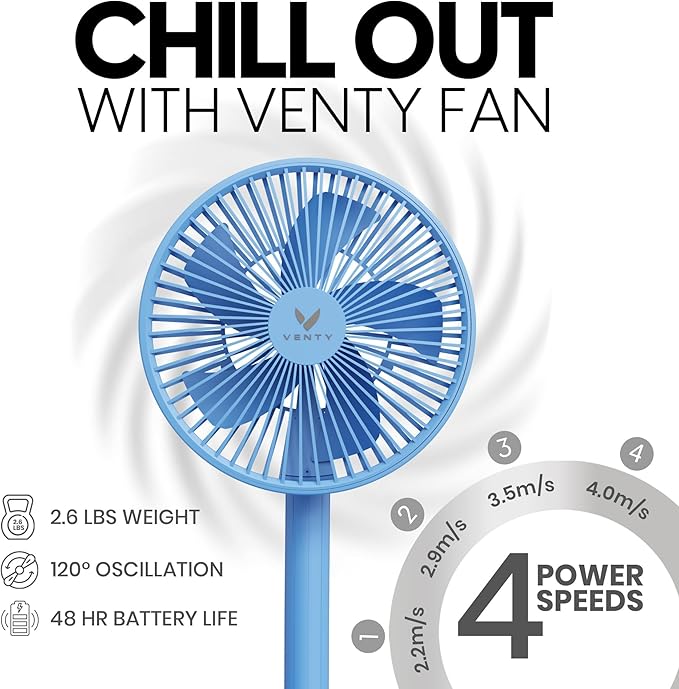 VENTY Portable Fan - Wireless Battery Operated Fan - 4 Speeds - LED Lighting - Carry Case & Remote Control - Cruise Travel - Outdoor Travel RV Power Bank With USB-C Port (Blue with Case)