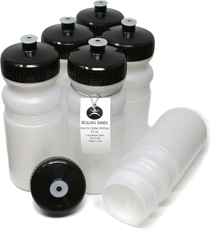 Rolling Sands USA Made 20 Ounce Sports Water Bottles - 6-Pack BPA-Free Blank Sports Bottles for Small Teams, Adults & Kids - Clear Frost Bottle/Black Lid, No Smell No Taste
