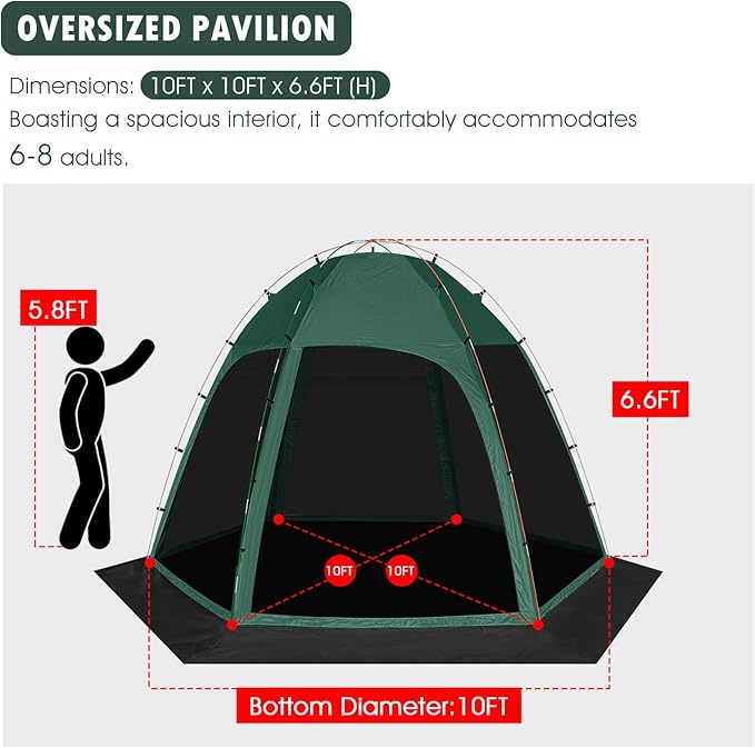 Screen Tent with Removable Floor, Siebwin 10'x10' Six-Sided Gazebos with Mosquito Netting Sunproof Outdoor Canopy Tent for 4-6 People Family Backyard Party Outside Activities, Green