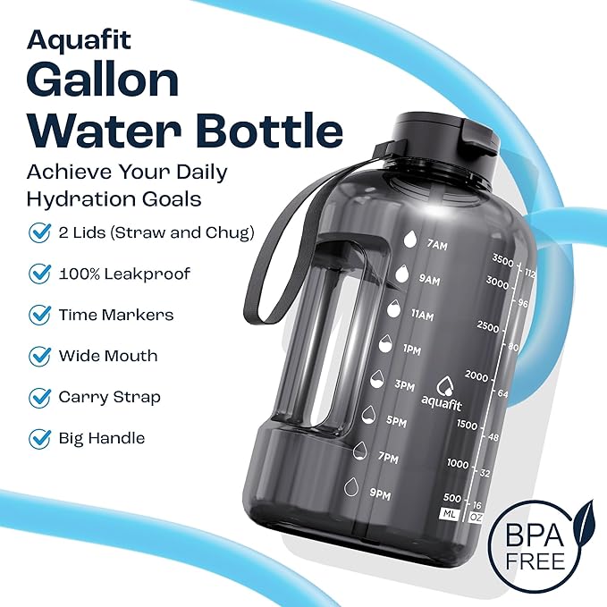 AQUAFIT 1 Gallon Water Bottle with Time Marker - Straw & Chug Lid - BPA Free Gym Water Bottle with Straw - Big Gallon Jug (Galaxy, 128 oz - 2 Lids)