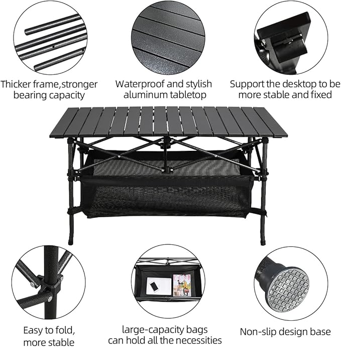 Lightweight Aluminum Folding Camping Table (47” x 21.65” x 26.7”), Portable Roll-Up Design for Outdoor, Camping, Beach, BBQ, Patio, and Picnic, Durable & Waterproof with Carrying Bag