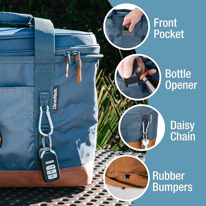 CleverMade Pacifica Collapsible Cooler Bag – Large Portable Cooler Bag for Travel, Foldable Insulated Cooler for Beach, Picnic & Tailgating, Holds Up to 50 Cans, Leakproof Soft Carry Cooler - Gray