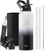 BUZIO Insulated Water Bottle with Straw Lid and Flex Cap, 40oz Modern Double Vacuum Stainless Steel Water Flask, Cold for 48 Hrs Hot for 24 Hrs Simple Thermo Canteen Mug, White and Black