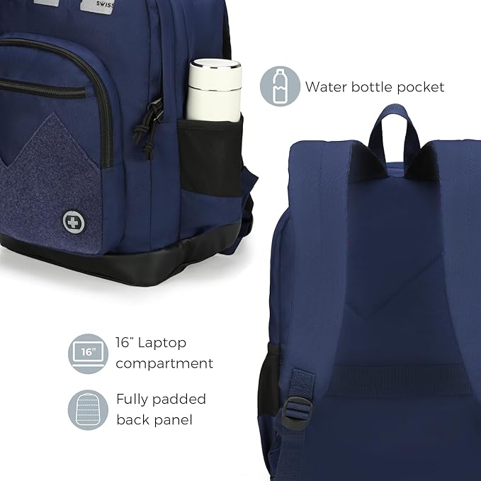 Swissdigital Design Big Student Laptop Backpack with Fun Personalized Patches For College Men & Women, Middle High School Teen Bookbag Cool Travel Daypack Blue -Includes 3 Patches | SD1718-12