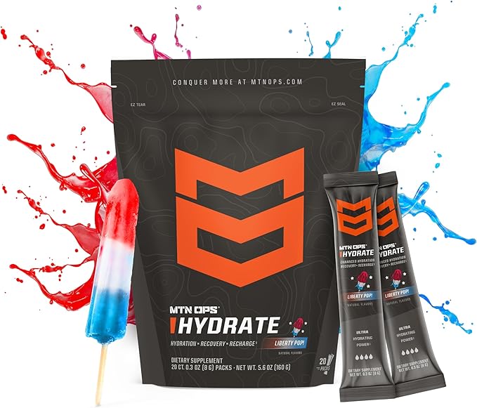 MTN OPS Hydrate Electrolytes Powder Drink Mix, 20 Single Serving On-The-Go Electrolyte Packs with Over 1000mg of Electrolytes per Serving, Liberty Pop