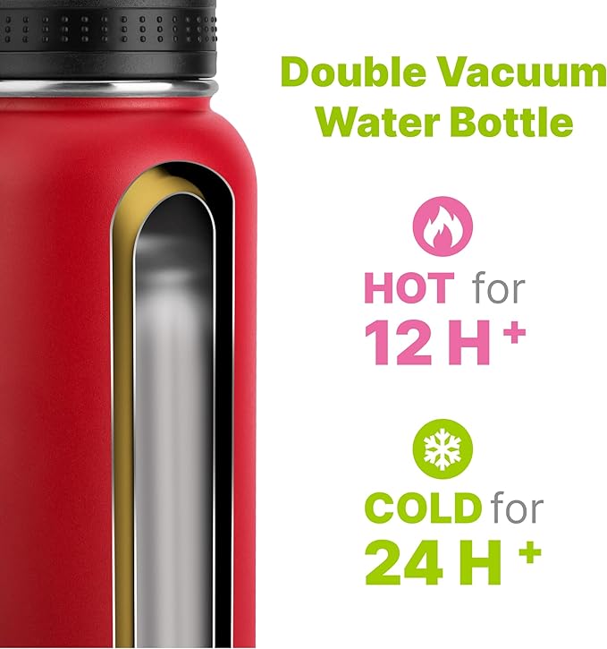 Insulated Water Bottle-32 oz Stainless Steel Vacuum Wide Mouth Sports Water Flask with Spout Lid-Reusable Metal Travel Water Bottle with Silicone Boot, BPA-Free(Canyon Red)