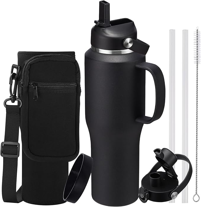32 40 OZ Stainless-Steel Cup with Handle - Vacuum Insulated Water Bottles with Straw, Strap Carrier Bag & Protective Boot, Leak Proof Coffee Tumbler Thermo Flask Cups for Car Office Gym