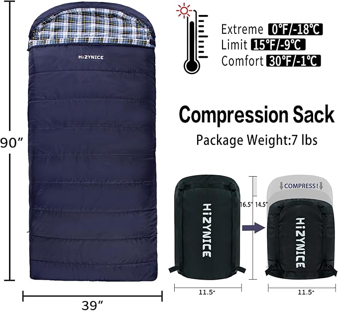 0 Degree Sleeping Bag 100% Cotton Flannel XXL for Adults Big and Tall Cold Weather Winter Zero Degree Camping,Free Compression Sack