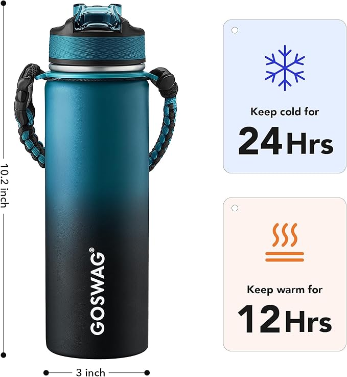 GOSWAG Insulated Sports Water Bottle, 24oz 2 Lids(with Straw/No Straw), Stainless Steel Water Bottles with Paracord Handle, Insulated Bottle with Double-Wall Vacuum Insulation