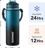 GOSWAG Insulated Sports Water Bottle, 24oz 2 Lids(with Straw/No Straw), Stainless Steel Water Bottles with Paracord Handle, Insulated Bottle with Double-Wall Vacuum Insulation