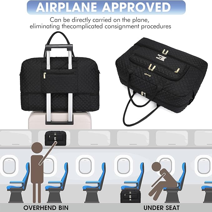 Initial Travel Duffle Bag for Women - Black Personalized Weekender bags Overnight Bag with Shoe Compartment & Wet Pocket Weekend Tote Bags with Toiletry Bag Monogram Christmas Gift (Letter E)
