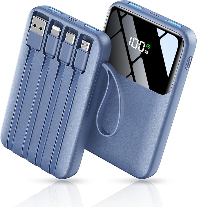 Power Bank, 15000mAh Portable Charger with Built in Cable, 22.5W Fast Charging, 6 Outputs, Slim Travel Essential Battery Pack with LED Display, Compatible with iPhone 16/15/14/13, Samsung, iPad, etc