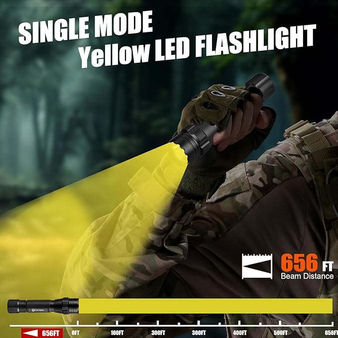 ULTRAFIRE 1000 Lumen Single-Mode Warm Light Flashlight - Bright 3000K Amber Light Flashlight, Designed for Camping Night Vision, Haze Conditions Yellow LED Flashlight T1 Ultra-Y