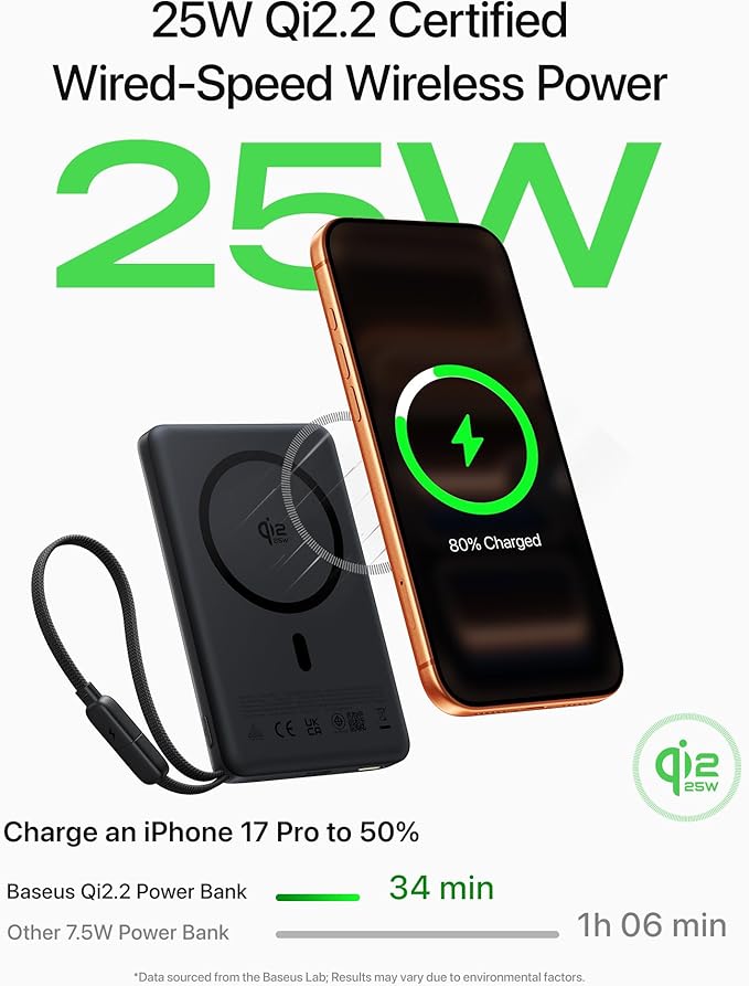 Baseus Qi2.2 25W Slim 10,000mAh Magnetic Power Bank Built in USB C Cable Bundle with Qi2 Certified 15W Wireless Magnetic Power Bank 10000mAh