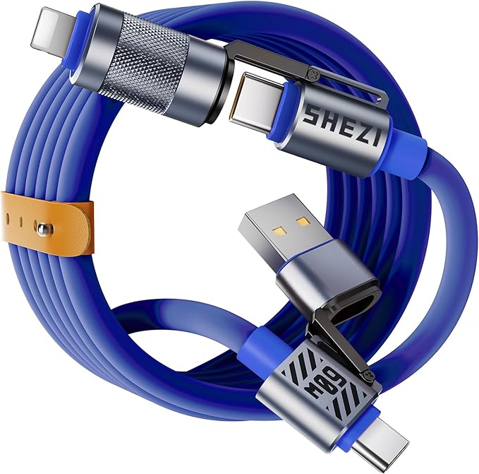 4 in 1 USB C Cable 60W 5FT Fast Charging & Data Transfer, Thicker Silicone Multi Charger Cord for iPhone iPad Charger Wire Combo with L/Type C/USB A for iPhone 16/15/Macbook (Blue)