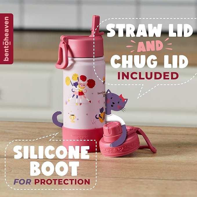 Bentoheaven Kids Water Bottle Stainless Steel for Boys & Girls, 2 Lids (Chug & Straw), Handle & Silicone Boot, Reusable Metal Leak-proof Insulated Tumbler, School & Sports 17oz (Pink)