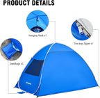 Pop Up Beach Tent for 4 Person with UPF 50+ Protection，Automatic Easy Setup Waterproof Beach Shade，Lightweight and Portable Beach Tent Sun Shelter - Dark Blue