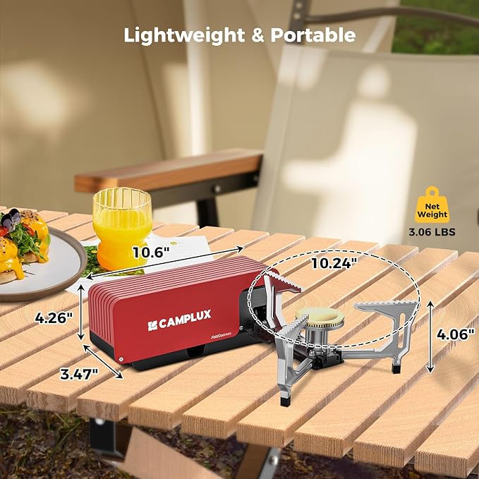 CAMPLUX FoldGo Camping Stove, 7500 BTU Portable Butane Gas Stove, Foldable Cassette Stove with Carry Bag & Adjustable Burner, CSA Certified Collapsible Butane Stove for Outdoor Cooking, Red